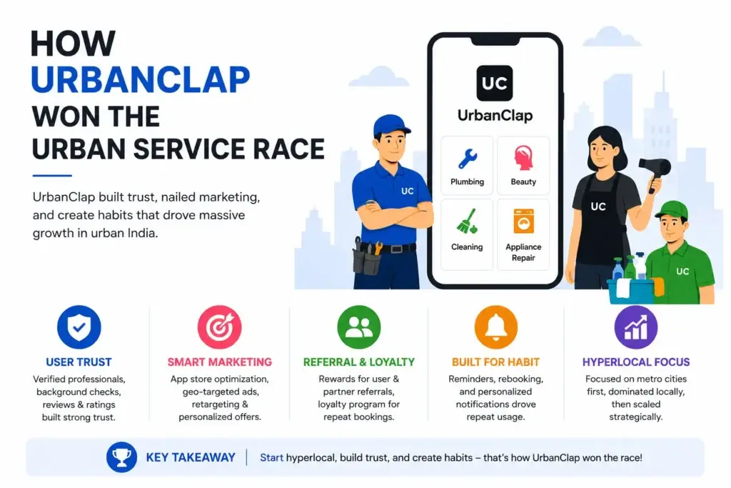 UrbanClap Marketing Strategy for Startups 1 Simple vector infographic showing how UrbanClap won the urban service race through user trust, smart marketing, referrals, loyalty, habit-building, and hyperlocal growth.