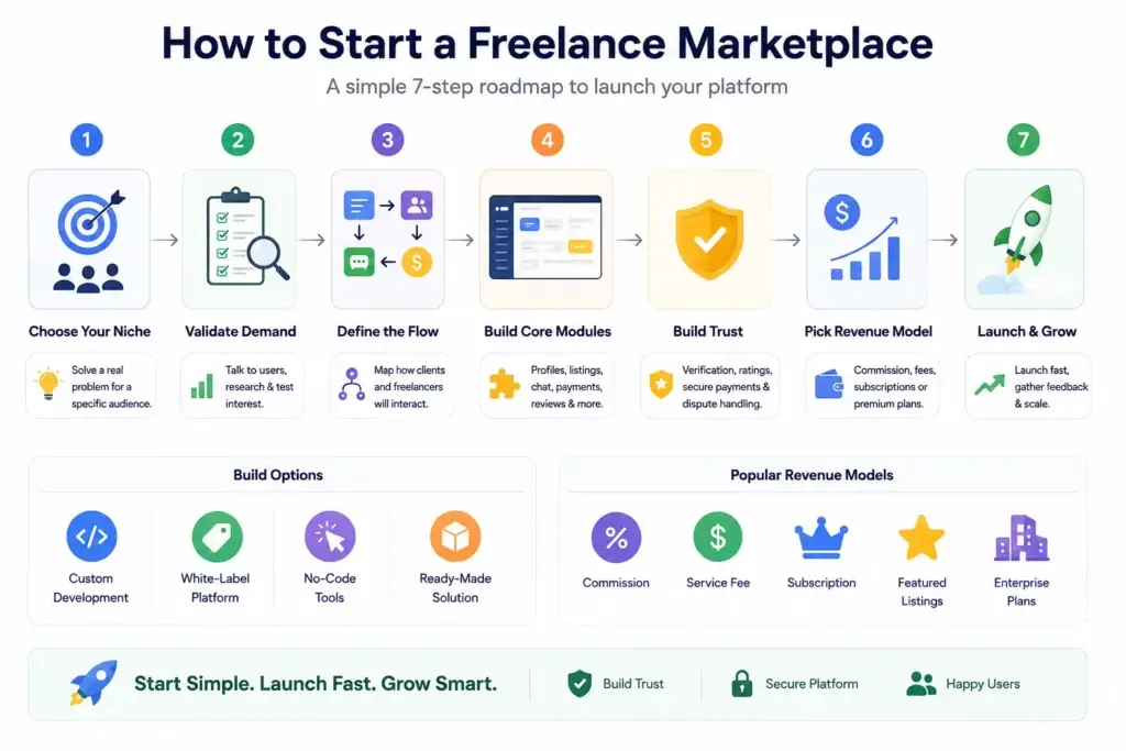 How to Start a Freelance Marketplace Platform Business 1 Freelance marketplace startup infographic showing a 7-step roadmap to launch a freelance platform business, including niche selection, platform development, trust building, monetization, and marketplace growth.