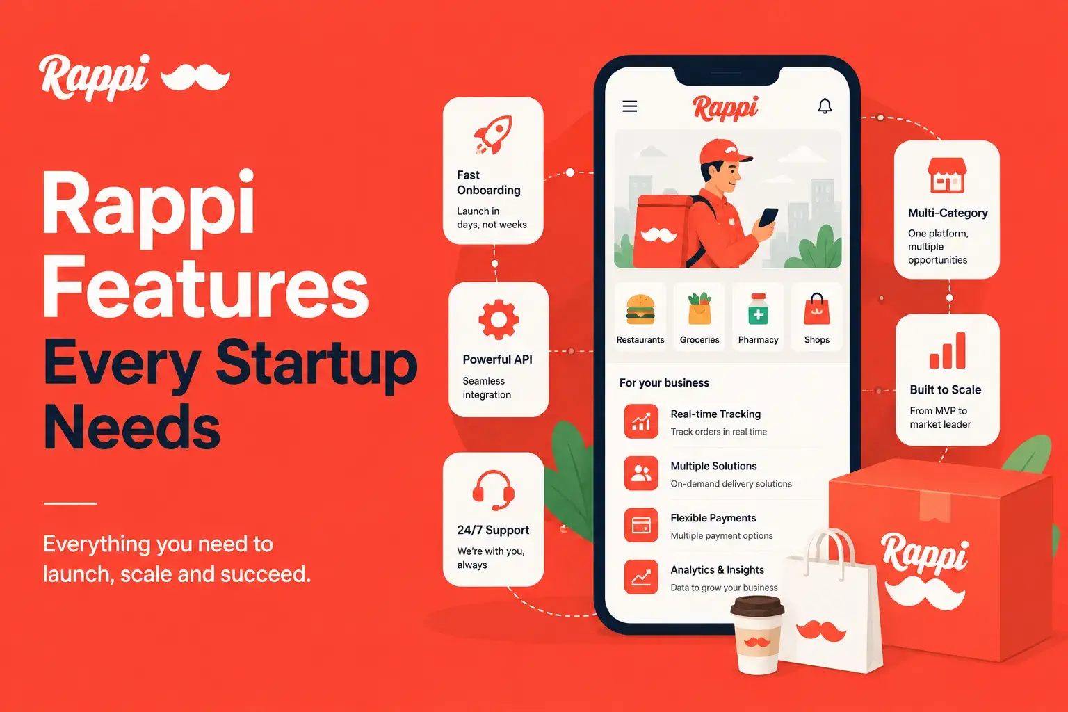 Rappi Features Every Startup Needs featured image showing Rappi branding, a mobile app interface, delivery services, startup tools, real-time tracking, payments, analytics, API integration, 24/7 support, and scalable business features.