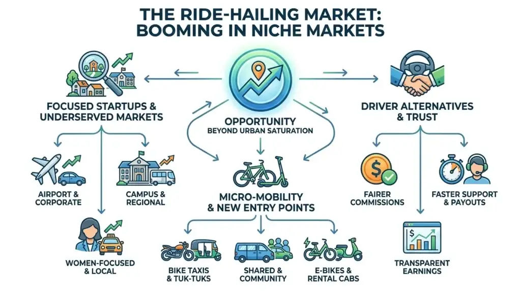 Drivers, Demand & Disruption: The New Business Case for Rideshare Uber Startups 1 Ride-hailing market infographic showing niche market opportunities, underserved cities, airport and corporate rides, campus and regional transport, women-focused local ride services, micro-mobility, bike taxis, tuk-tuks, shared community rides, e-bikes, rental cabs, driver trust, fair commissions, faster payouts, and transparent earnings.
