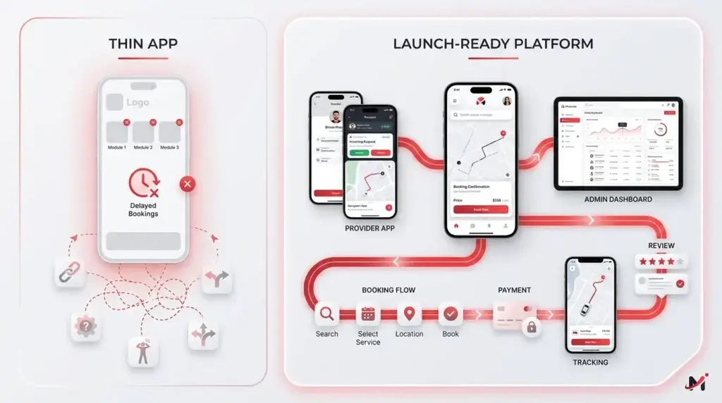 Launch Smart, Grow Fast: How Our Uber for X Clone Powers Startup Scalability 1 Startup launch path infographic showing a thin app with delayed bookings, broken modules and disconnected workflows compared with a launch-ready platform featuring provider app, customer booking flow, admin dashboard, payments, live tracking, reviews and complete on-demand app architecture.