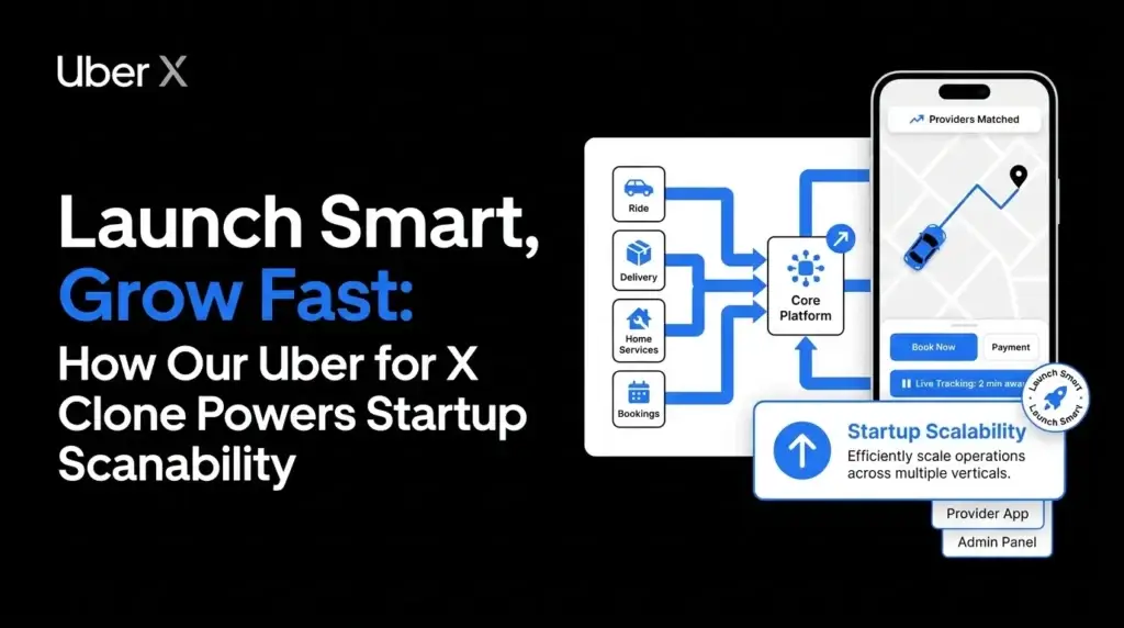 Uber for X clone featured image showing a multi-service on-demand platform with ride, delivery, home services, bookings, core platform architecture, provider matching, live tracking, payment flow, provider app, admin panel, and startup scalability.
