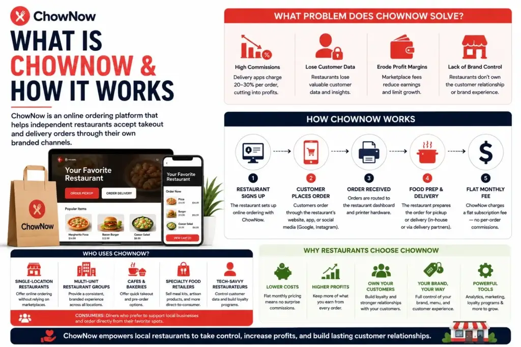 Business Model of ChowNow: How This Food Ordering Platform Empowers Local Restaurants 1 Simple ChowNow business model feature image showing a food ordering mobile app interface, takeaway packaging, and bold headline text โBusiness Model of ChowNow: How This Food Ordering Platform Empowers Local Restaurants.โ The design uses a clean white background with red and dark navy branding, highlighting online ordering, restaurant fulfillment, customer orders, and restaurant revenue growth.