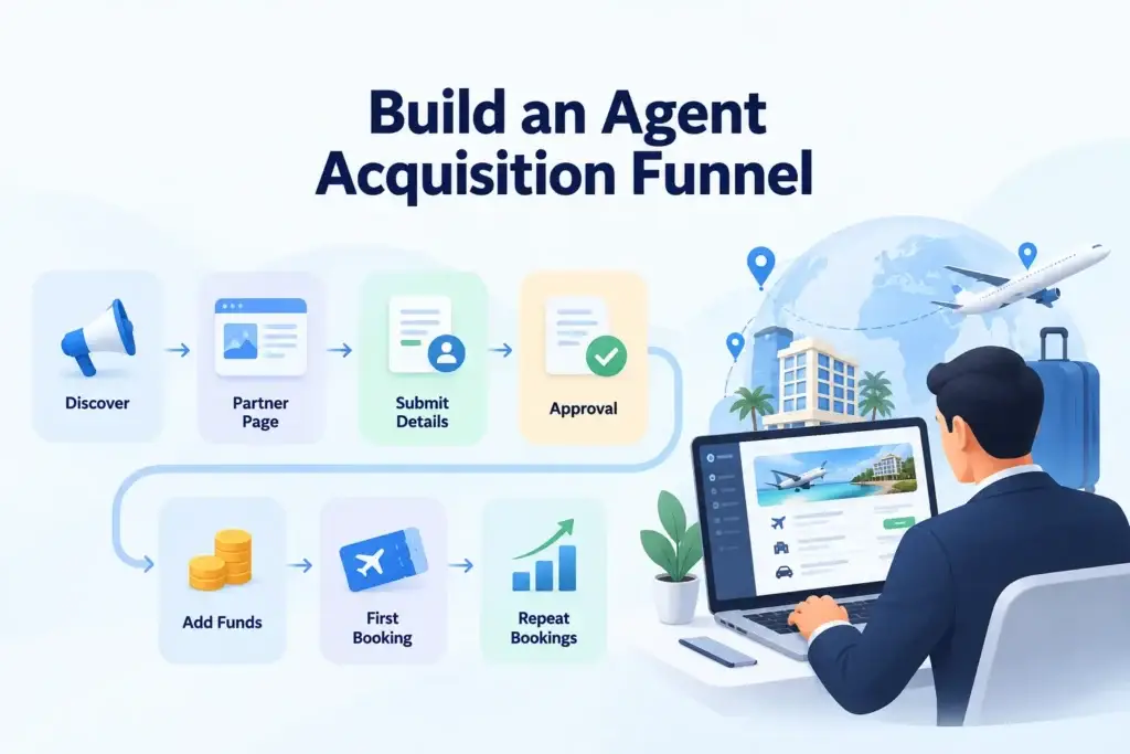 Growth Strategy for a B2B Travel Booking Platform: Agent Acquisition, Corporate Accounts, and Booking Volume 1 Agent acquisition funnel for a B2B travel booking platform showing partner discovery, approval, funding, first booking, and repeat bookings.