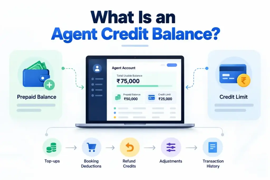 What Is a B2B Travel Booking Platform and How Do Agent Bookings, Credit Balances, Commissions, and Settlements Work? 1 Agent credit balance dashboard showing prepaid balance, credit limit, booking deductions, refund credits, adjustments, and transaction history.