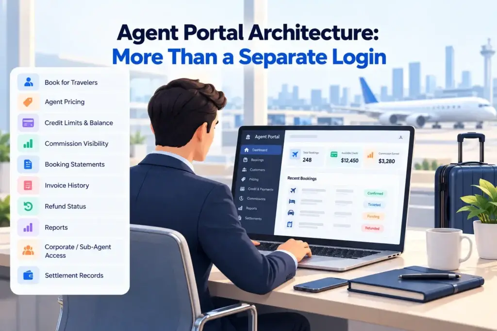 B2B Travel Booking Platform Architecture: Agent Portals, Supplier APIs, Credit Balances, Bookings, and Settlements 1 Agent portal architecture for a B2B travel booking platform showing traveler bookings, agent pricing, credit limits, commissions, statements, invoices, refunds, reports, and settlement records.