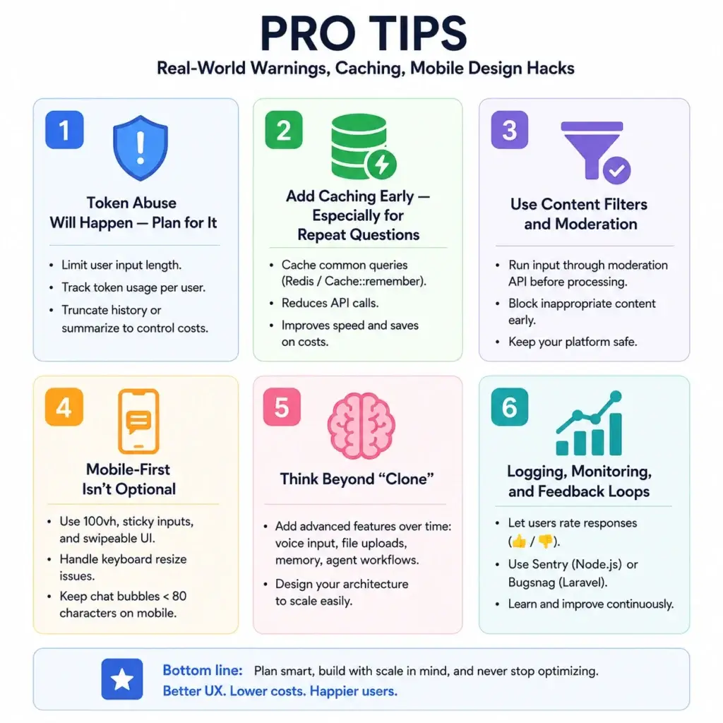 How to Build an App Like Grok: A Full-Stack Developer's Guide to AI Chatbot Success 1 Infographic showing AI chatbot app development tips including token abuse prevention, caching, content moderation, mobile-first design, advanced features, logging, and monitoring