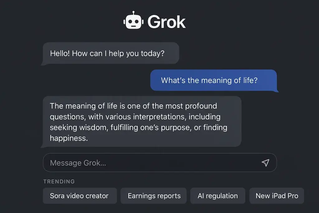What is Grok App and How Does It Work? 3 Dark-themed chatbot interface labeled "Grok" showing a user asking, "What's the meaning of life?" and the chatbot replying with a thoughtful message about interpretations such as seeking wisdom, fulfilling one's purpose, or finding happiness. The interface also displays trending topics like Sora video creator, Earnings reports, AI regulation, and New iPad Pro.