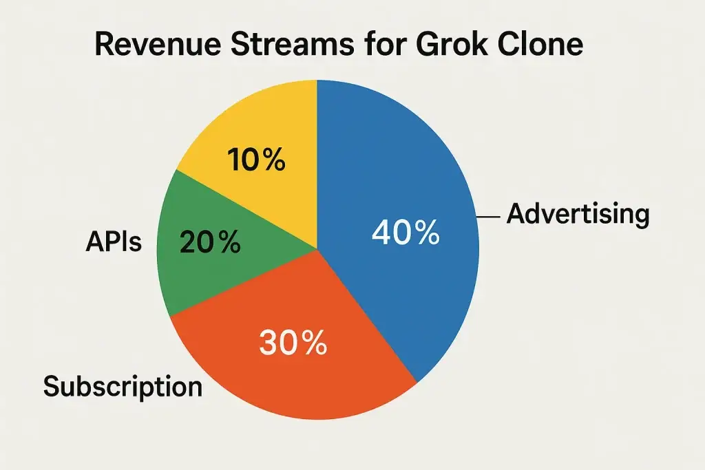What is Grok App and How Does It Work? 4 Pie chart titled "Revenue Streams for Grok Clone" showing distribution of income sources: 40% from Advertising, 30% from Subscription, 20% from APIs, and 10% from an unspecified category. Each segment is color-coded for clarity.