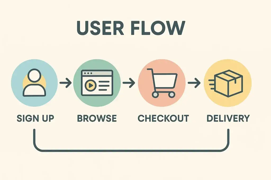 What is a Netmeds App and How Does It Work? 2 User flow diagram illustrating four key steps: sign up, browse, checkout, and delivery — visually represented with icons and connected by arrows to depict the online shopping or ordering process.