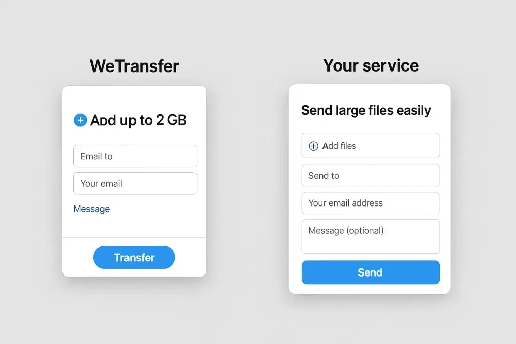 What Is a WeTransfer App and How Does It Work? 1 Side-by-side comparison of the WeTransfer file upload interface and a custom file transfer service UI, both showing fields for email input, file upload, and optional messaging.