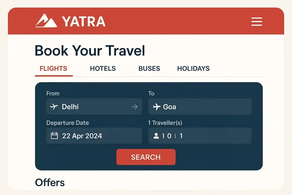What is Yatra App and How Does It Work? 1 A travel booking interface from the Yatra website displaying options to search for flights, hotels, buses, and holidays, with flight details filled in for a journey from Delhi to Goa on April 22, 2024, for one adult traveler.