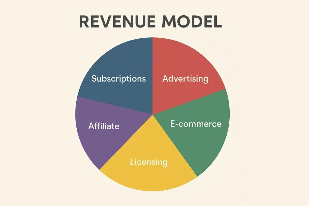 What is Yatra App and How Does It Work? 3 A colorful pie chart labeled โRevenue Modelโ displaying five segments: Subscriptions, Advertising, E-commerce, Licensing, and Affiliate, each represented in a different color.