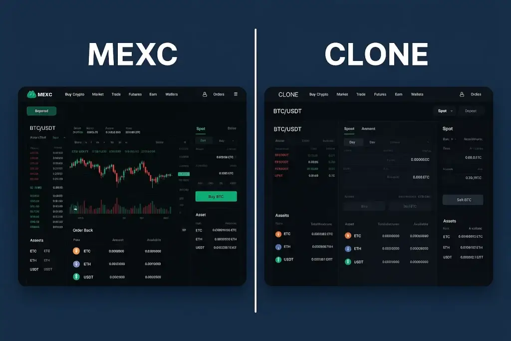 What is MEXC App and How Does It Work? 1 Side-by-side comparison of the original MEXC trading platform interface and its clone version, both displaying crypto trading dashboards for BTC/USDT.