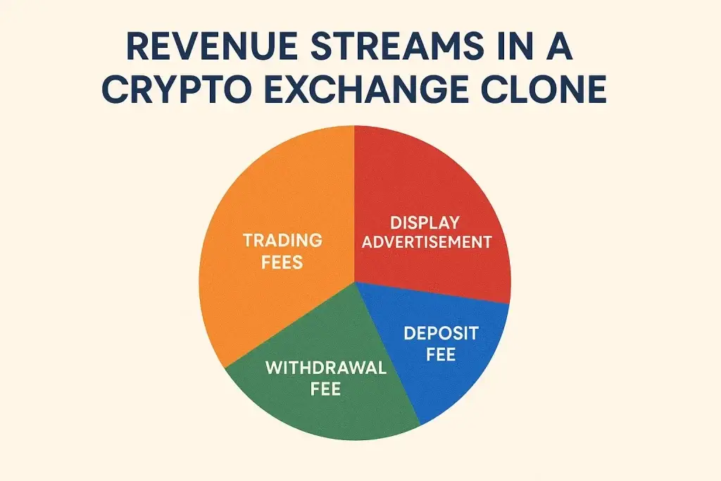 What is MEXC App and How Does It Work? 3 Pie chart illustrating the various revenue streams in a crypto exchange clone, segmented into trading fees, withdrawal fee, deposit fee, and display advertisement.