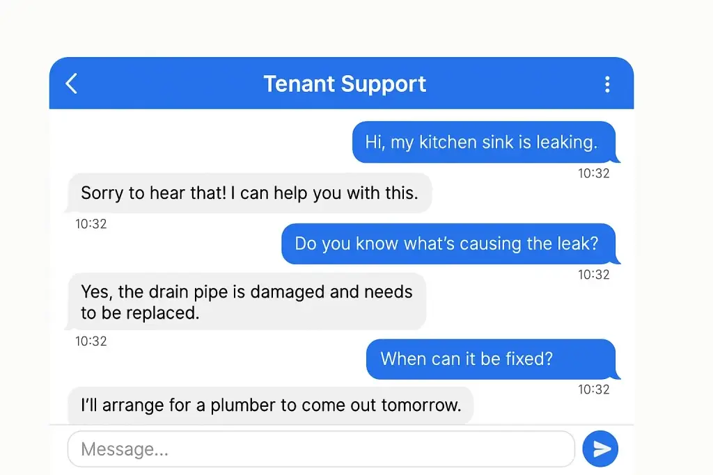 What is a Blueground App and How Does It Work? 2 Mobile chat interface showing a conversation between a tenant and support agent discussing a leaking kitchen sink; the support agent confirms the issue is a damaged drain pipe and schedules a plumber for the next day.