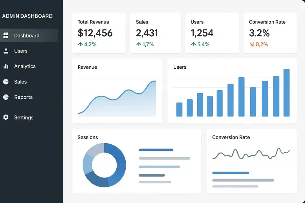 What is a Blueground App and How Does It Work? 3 Admin dashboard interface displaying metrics such as total revenue, sales, user count, and conversion rate, with accompanying visual charts including line graphs, bar graphs, and pie charts for performance analytics.
