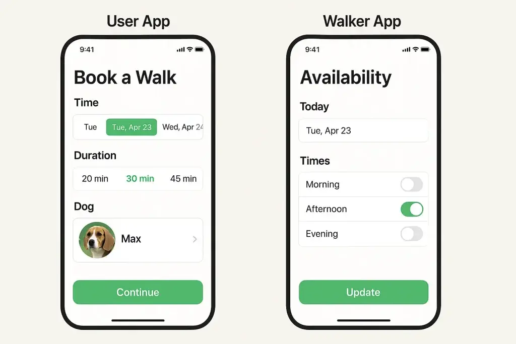 What is a Rover App and How Does It Work? 1 "Side-by-side mobile screens showing the user app and walker app of a Rover clone. The user app allows pet owners to book a dog walk by selecting date, duration, and pet profile. The walker app displays availability settings, letting walkers choose their working time slots for the selected day."