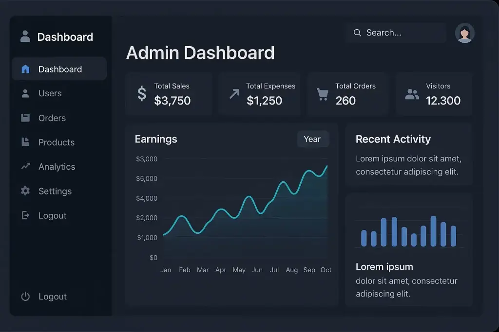 What is a Rover App and How Does It Work? 3 Dark-themed admin dashboard interface showing total sales, expenses, orders, and visitors, along with a line graph of monthly earnings, recent activity, and sidebar navigation for users, orders, products, analytics, and settings.
