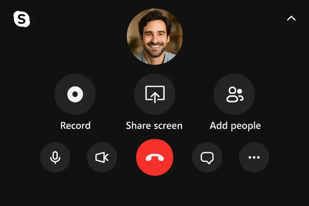 What Is Skype App and How Does It Work? 2 Skype in-call interface showing options to record, share screen, add people, mute/unmute microphone, turn video on/off, end call, open chat, and access more settings, with a participant's profile picture visible at the top.