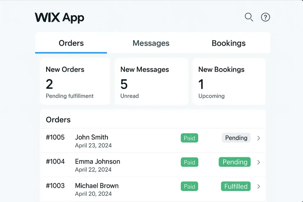 What is the Wix App and How Does It Work? 1 Wix App dashboard interface showing tabs for orders, messages, and bookings with a list of recent transactions and statuses