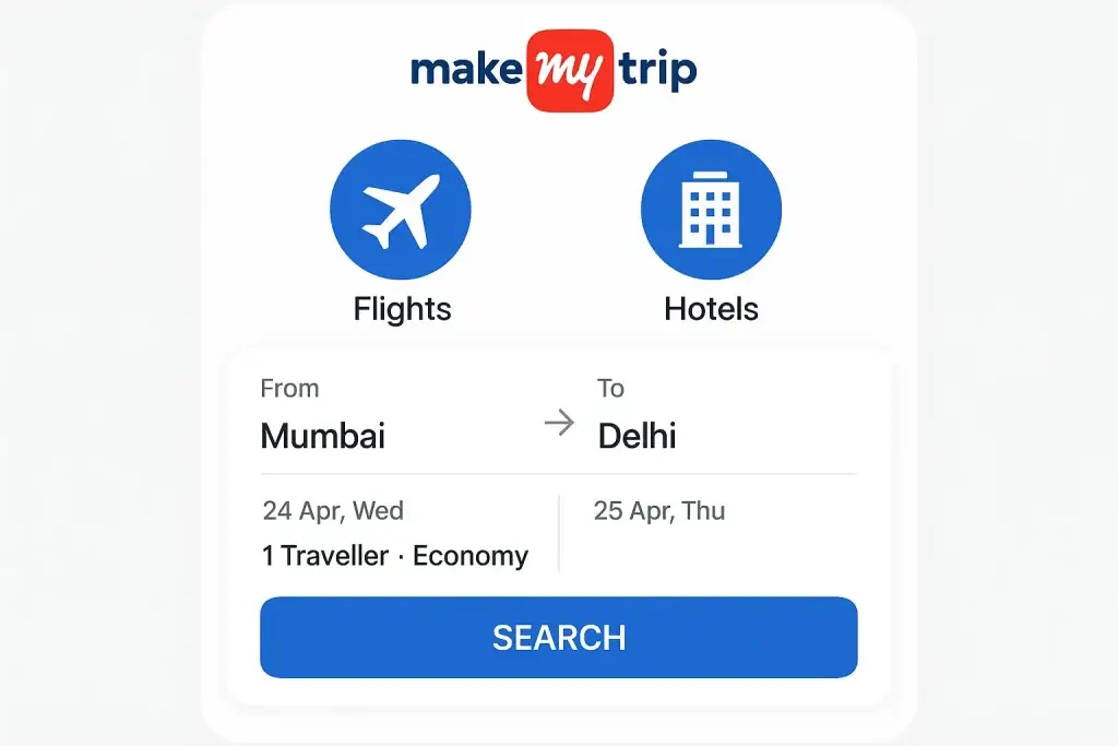 What is MakeMyTrip App and How Does It Work? 1 Flight and hotel search interface on the MakeMyTrip app showing a one-way trip from Mumbai to Delhi for one traveller in economy class, with departure and return dates, and a blue 'Search' button below.