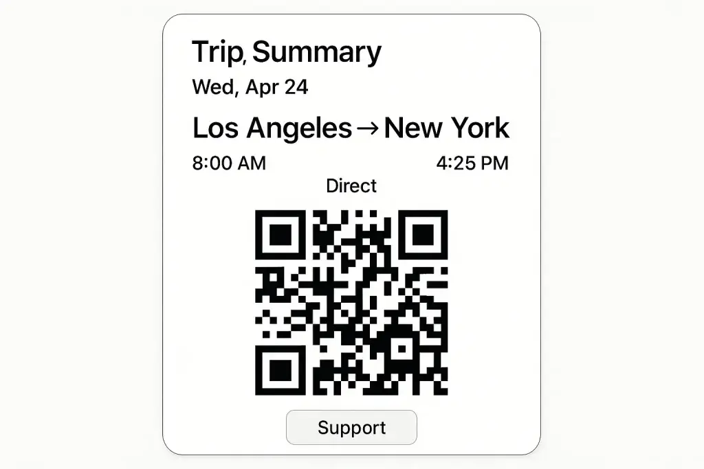 What is MakeMyTrip App and How Does It Work? 3 Digital trip summary card showing a flight from Los Angeles to New York on Wednesday, April 24, with departure at 8:00 AM and arrival at 4:25 PM. The card includes a QR code labeled โDirectโ and a โSupportโ button at the bottom.
