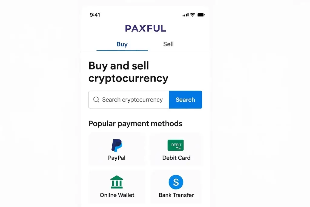 What is Paxful App and How Does It Work? 1 Screenshot of the Paxful app interface showing the "Buy and sell cryptocurrency" section, a search bar for cryptocurrencies, and popular payment methods including PayPal, Debit Card, Online Wallet, and Bank Transfer.