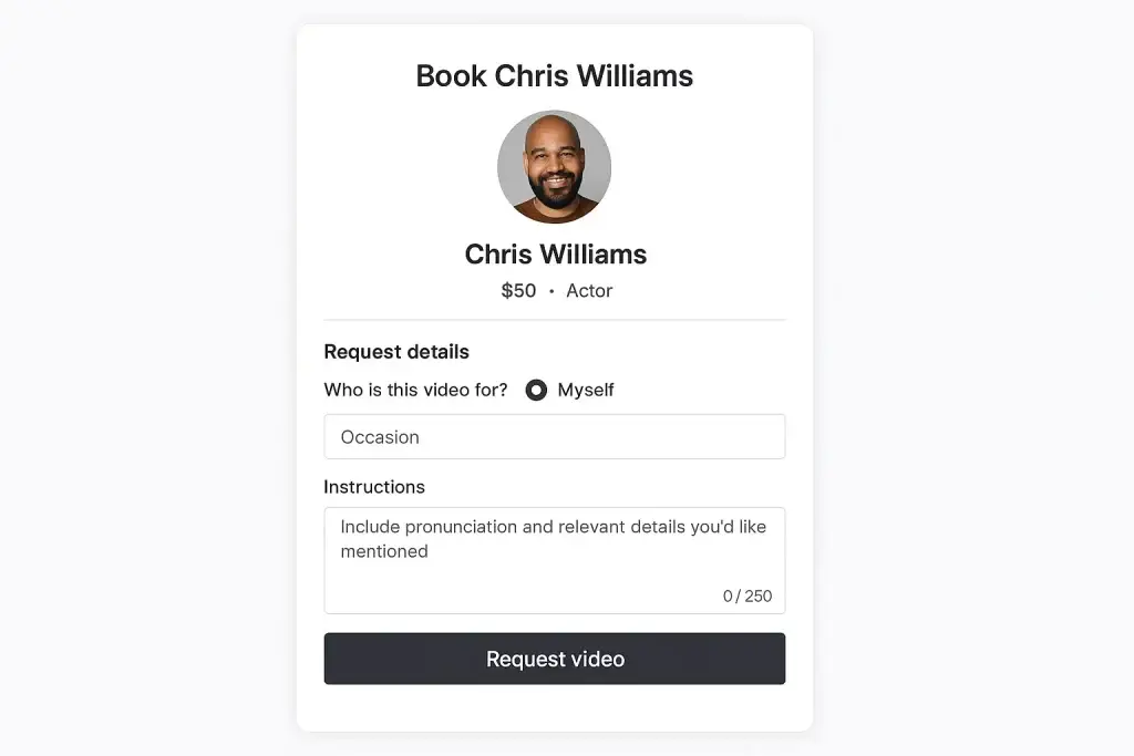 What is Cameo App and How Does It Work? 1 Booking interface for a personalized video from actor Chris Williams, showing his profile photo, listed price of $50, and input fields for occasion, recipient, and custom instructions, along with a โRequest videoโ button.