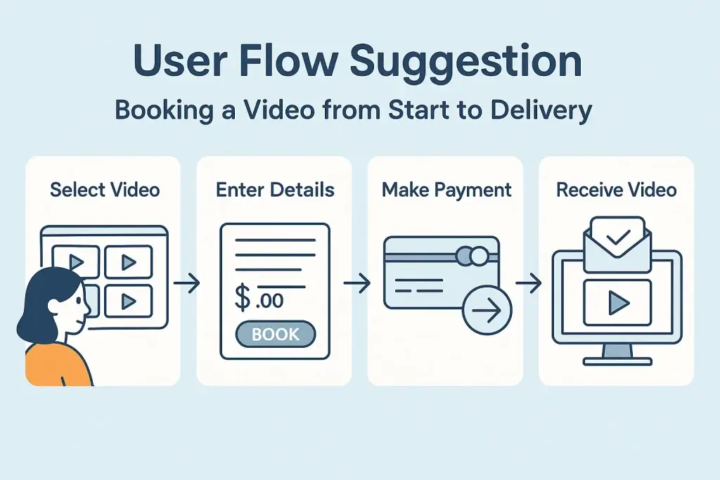 What is Cameo App and How Does It Work? 3 Illustrated user flow showing the process of booking a video from start to delivery: starting with selecting a video, entering details, making a payment, and receiving the completed video via email.