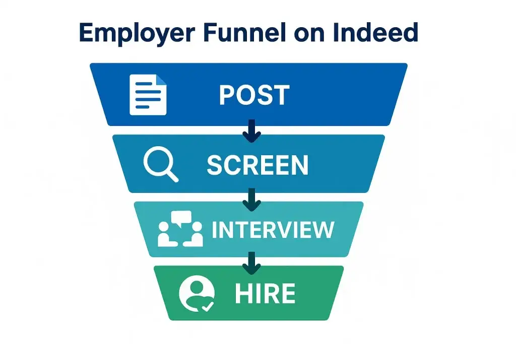 What is Indeed App and How Does It Work? 2 Infographic of the employer hiring funnel on Indeed, showing four stacked stages from top to bottom: Post, Screen, Interview, and Hire — each with corresponding icons and arrows indicating the hiring flow.