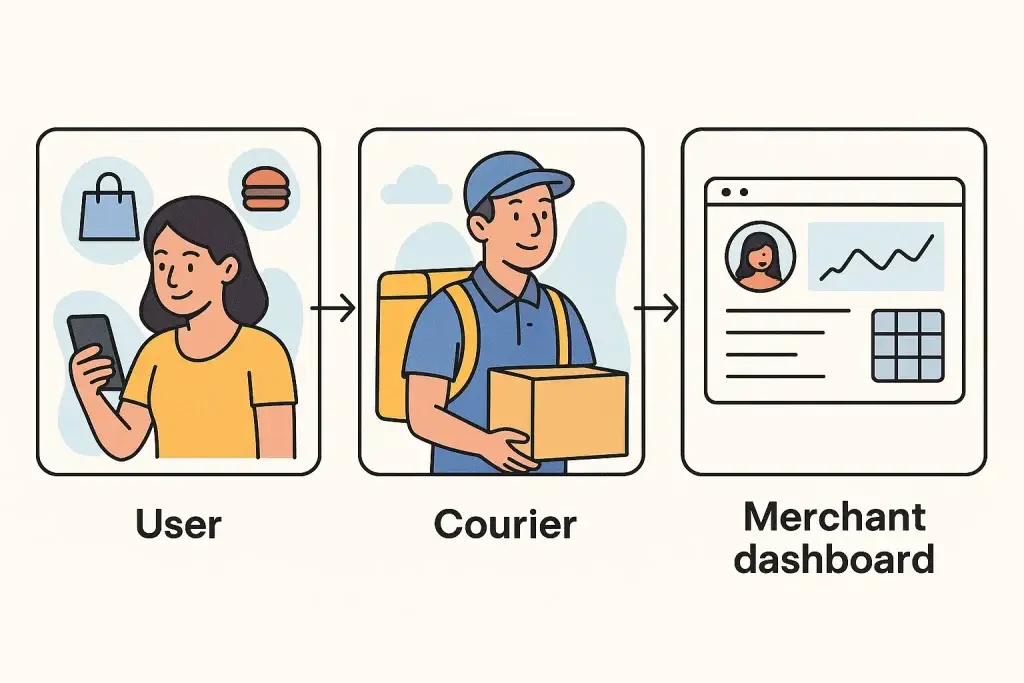 What is Glovo App and How Does It Work? 1 Illustration depicting an order fulfillment process: a smiling user places an order via smartphone, a courier carries a package for delivery, and a merchant dashboard displays user data and analytics.