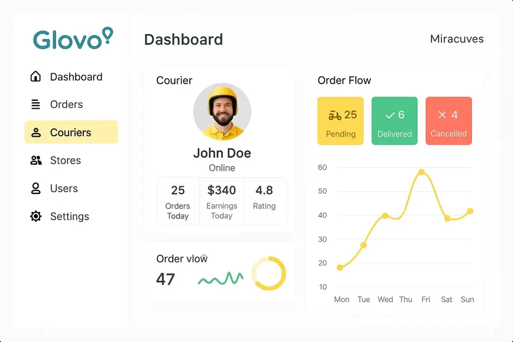 What is Glovo App and How Does It Work? 2 Glovo courier dashboard interface showing real-time delivery stats for a courier named John Doe, including orders completed, earnings, rating, and order flow with pending, delivered, and cancelled status breakdowns visualized via a line graph.
