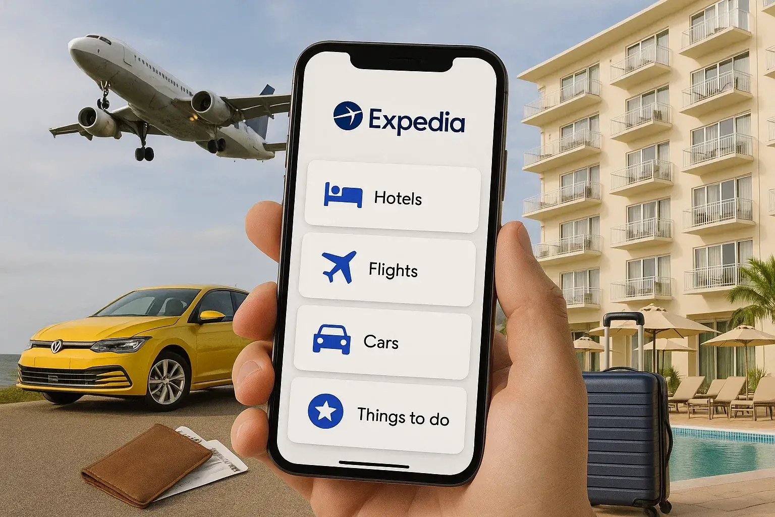 A person holding a smartphone with the Expedia app open, displaying options for Hotels, Flights, Cars, and Things to Do. In the background, a yellow car, a flying airplane, a suitcase near a pool, a hotel building, and a passport with boarding passes are visible - symbolizing travel planning.