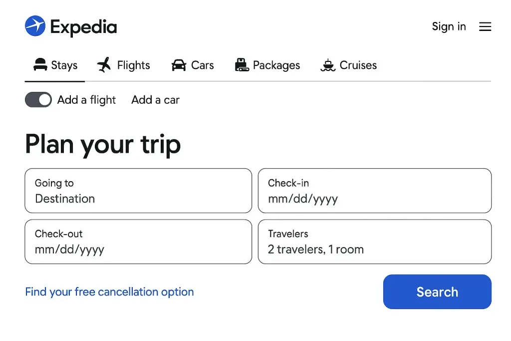 What is Expedia App and How Does It Work? 1 Screenshot of the Expedia homepage showing the "Plan your trip" section. It features options for booking stays, flights, cars, packages, and cruises. Users can toggle to add a flight or car, and fill in details for destination, check-in/check-out dates, and number of travelers. A blue "Search" button is at the bottom.