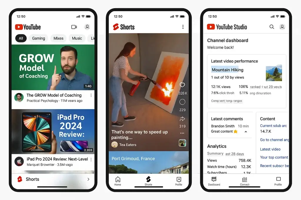 What is the YouTube App and How Does It Work? 1 Three smartphones displaying different YouTube app interfaces: the main YouTube feed with video suggestions, the YouTube Shorts tab showing a short-form video in progress, and the YouTube Studio dashboard with analytics, comments, and video performance metrics.