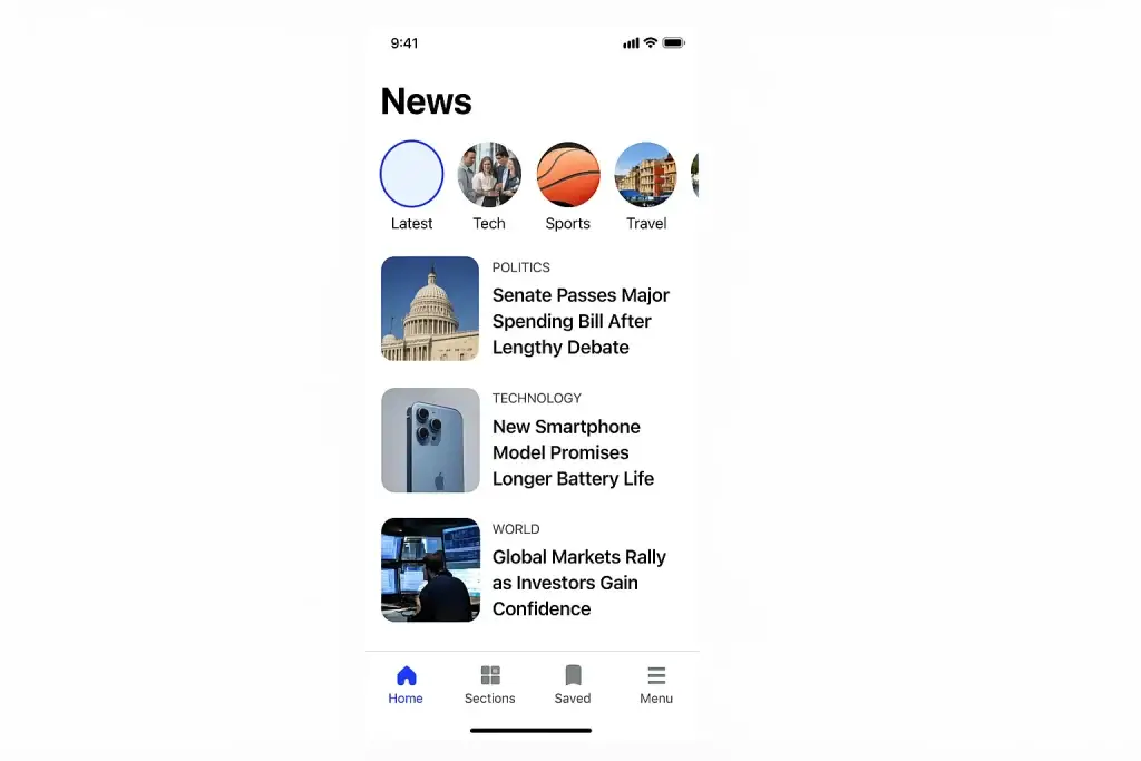 What is Facebook App and How Does It Work? 1 Mobile news app interface showing categories like Latest, Tech, Sports, and Travel at the top, followed by article previews in Politics, Technology, and World sections with images and headlines.