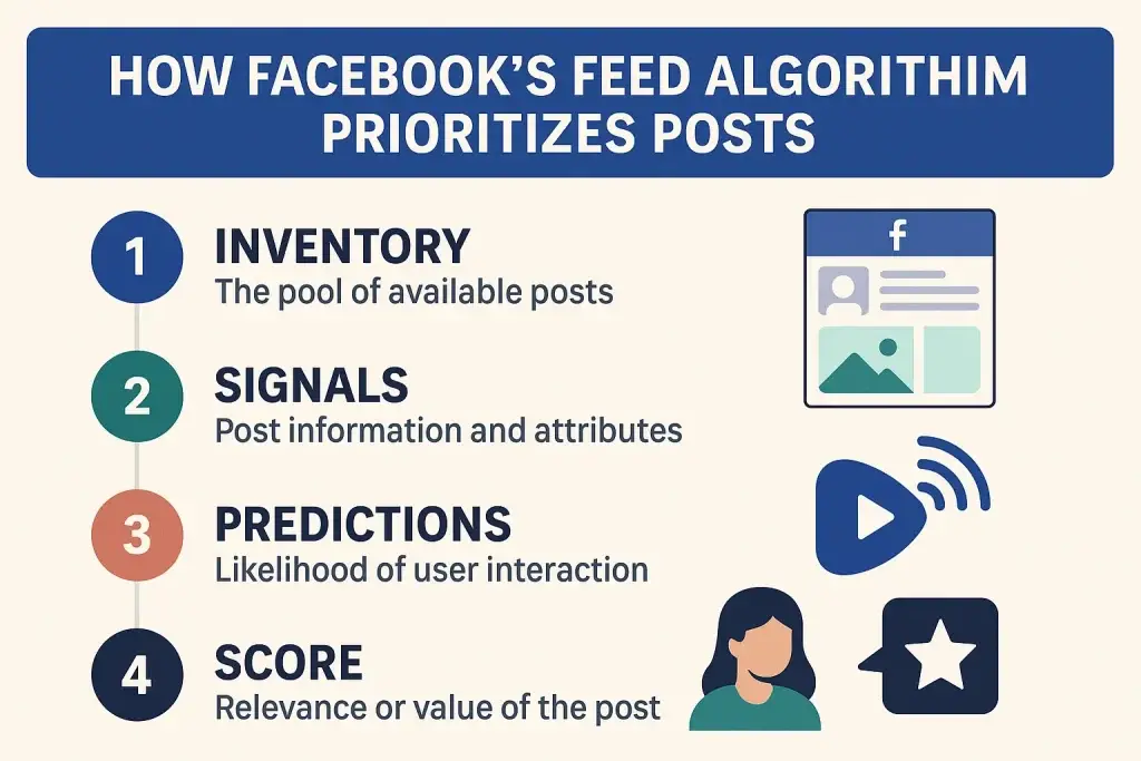 What is Facebook App and How Does It Work? 2 Infographic titled โHow Facebookโs Feed Algorithm Prioritizes Postsโ illustrating four steps: 1) Inventory โ the pool of available posts, 2) Signals โ post information and attributes, 3) Predictions โ likelihood of user interaction, and 4) Score โ relevance or value of the post, accompanied by icons for each concept.