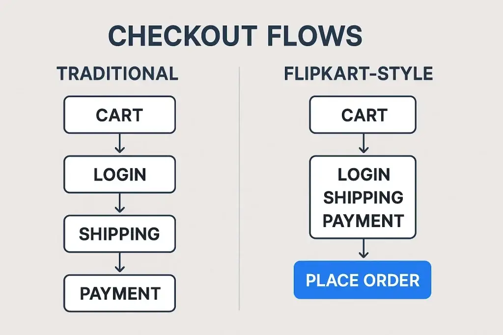 What is Flipkart App and How Does It Work? 2 Comparison chart showing two checkout flows: Traditional (Cart โ Login โ Shipping โ Payment) versus Flipkart-Style (Cart โ Login, Shipping & Payment combined โ Place Order). Flipkart-style streamlines steps into one interface.