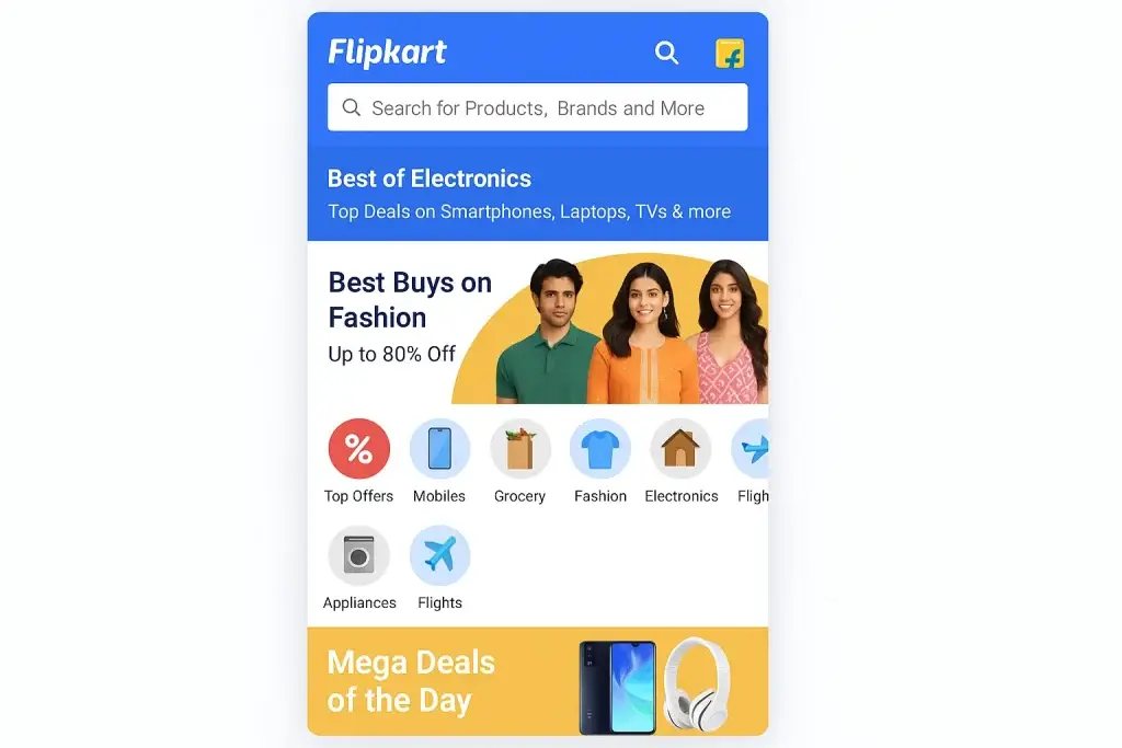 What is Flipkart App and How Does It Work? 1 Flipkart mobile app homepage displaying a search bar, electronics deals banner, fashion discounts up to 80% off, and category icons including Mobiles, Grocery, Fashion, Electronics, Flights, and Appliances.