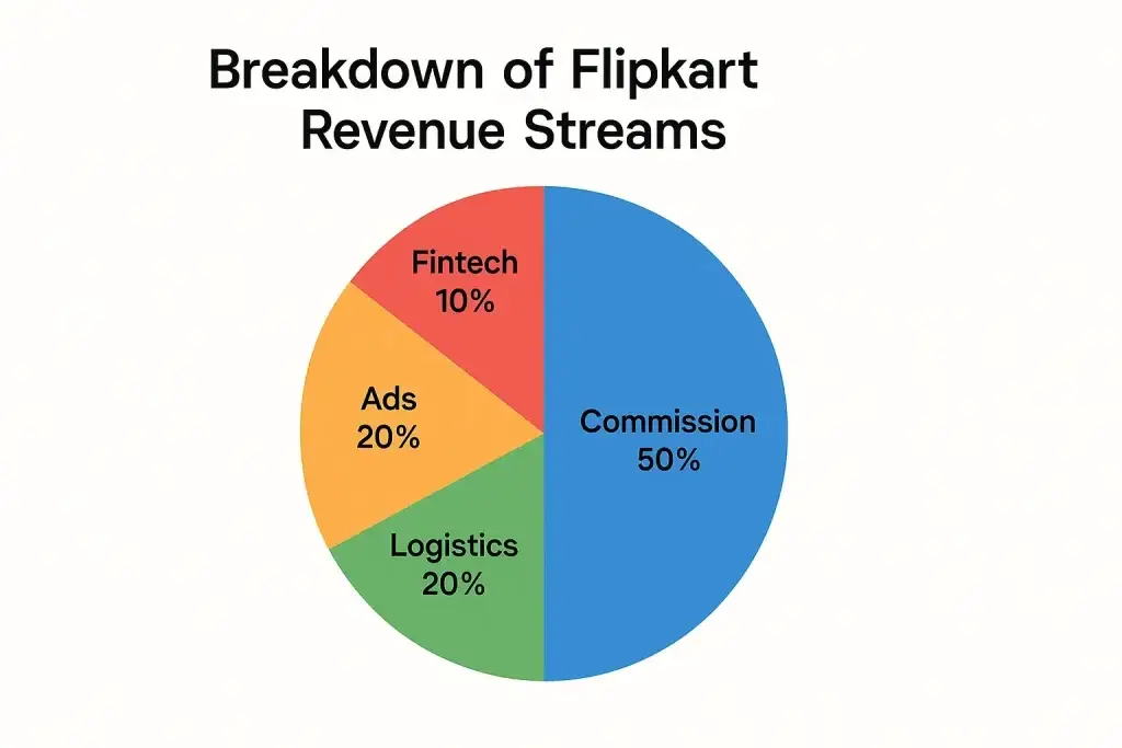 What is Flipkart App and How Does It Work? 3 Pie chart showing the breakdown of Flipkart's revenue streams with 50% from Commission, 20% from Logistics, 20% from Ads, and 10% from Fintech services.