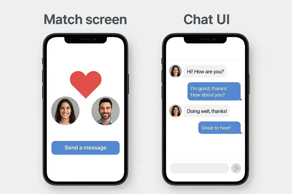 What is Tinder App and How Does It Work? 1 Two smartphones displaying a dating app interface. The left screen shows a match confirmation with profile photos and a heart icon above a "Send a message" button. The right screen shows a chat UI with a conversation between two users exchanging friendly messages.