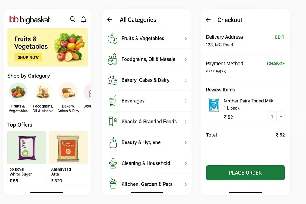 What is BigBasket App and How Does It Work? 1 Three mobile screens from the BigBasket app showing the homepage with product categories like Fruits & Vegetables, the category listing page with icons for grocery items, and the checkout screen with delivery details, payment method, and order summary for a milk purchase.