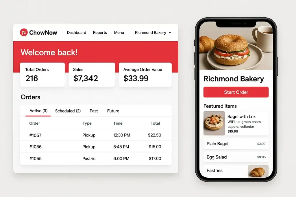 What is ChowNow App and How Does It Work? 1 ChowNow dashboard interface displayed on a desktop and smartphone screen. The desktop view shows order analytics with total orders, sales, and average order value. The mobile screen shows a restaurant menu from Richmond Bakery with a โStart Orderโ button and food items like Bagel with Lox, Plain Bagel, and Egg Salad.