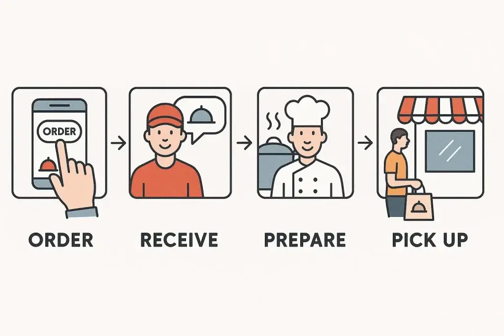 What is ChowNow App and How Does It Work? 2 Illustration showing a four-step food ordering process: tapping 'Order' on a smartphone, a delivery person receiving the order, a chef preparing the food, and a customer picking it up from a store or restaurant.
