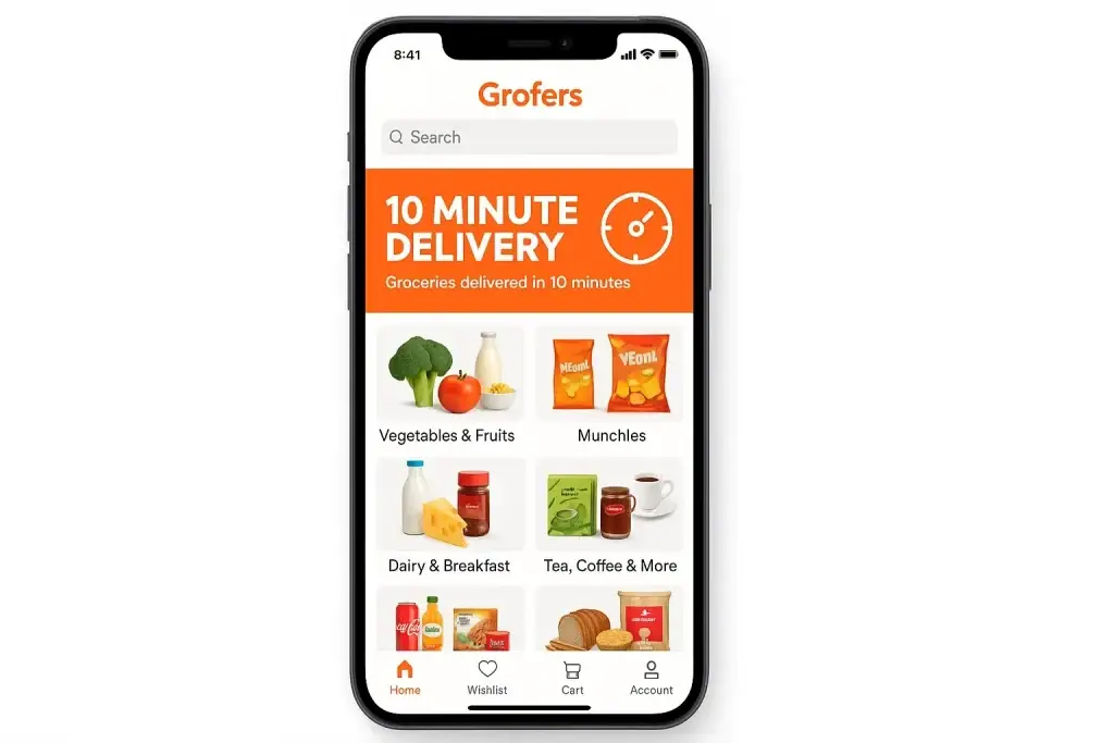 What is Grofers App and How Does It Work? 1 Smartphone screen displaying the Grofers app interface with a highlighted banner that reads โ10 Minute Delivery โ Groceries delivered in 10 minutesโ and category icons for groceries like Vegetables & Fruits, Munchies, Dairy & Breakfast, Tea & Coffee, and more.