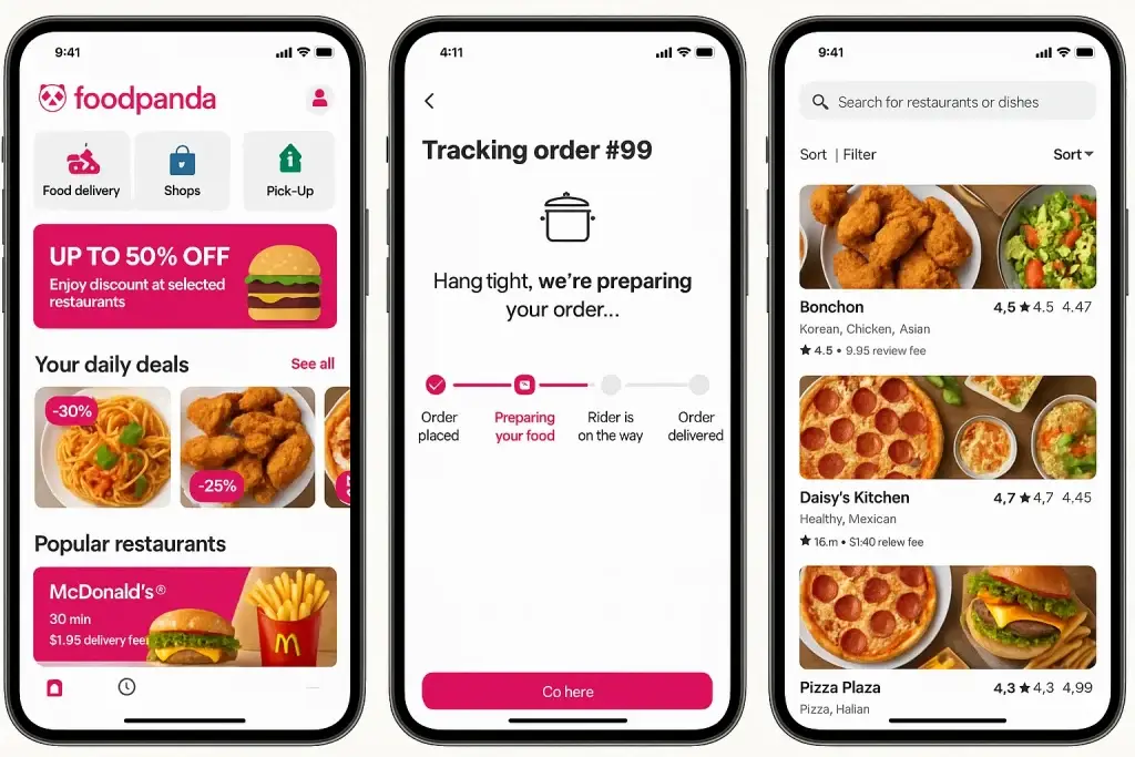 What is Foodpanda App and How Does It Work? 1 Three smartphone screens displaying the Foodpanda app interface: the first screen shows the homepage with food delivery options and daily deals, the second screen shows a live order tracking status indicating "Preparing your food," and the third screen shows a restaurant listing with menu items and user ratings.