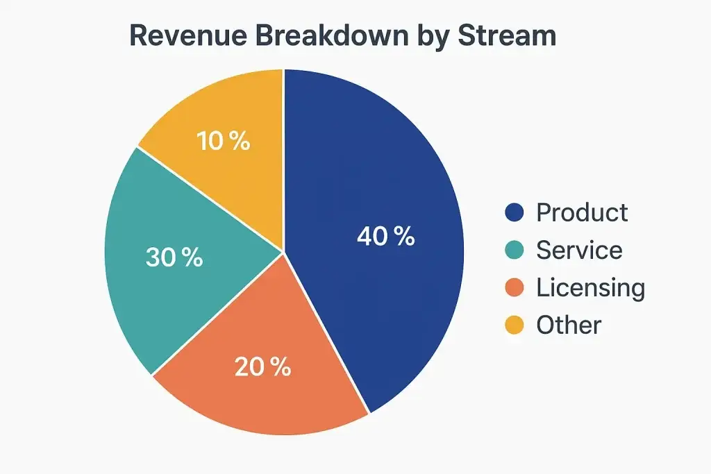 What is Foodpanda App and How Does It Work? 2 Pie chart titled โRevenue Breakdown by Streamโ showing four categories: Product (40%), Service (30%), Licensing (20%), and Other (10%), each with a distinct color.