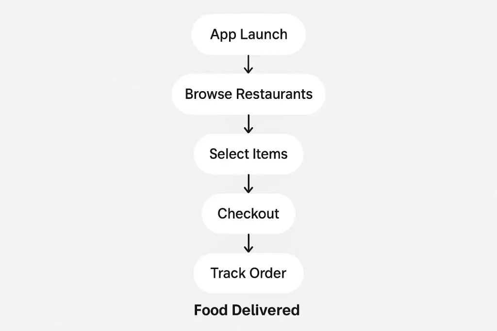 What is JustEat App and How Does It Work? 2 Vertical flowchart illustrating the online food delivery process: App Launch → Browse Restaurants → Select Items → Checkout → Track Order → Food Delivered.