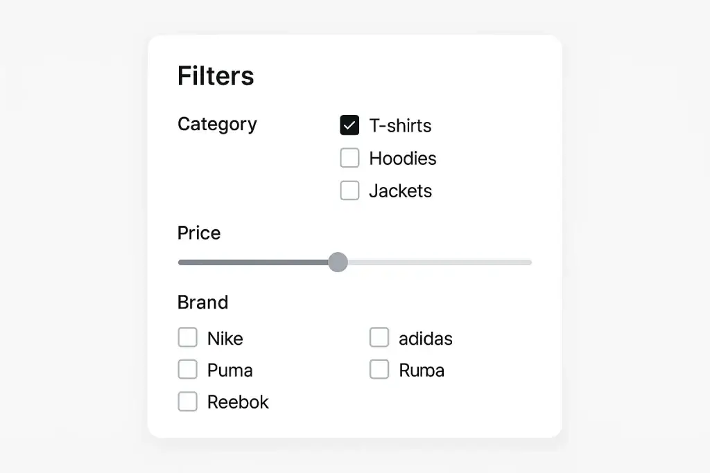 What is Myntra App and How Does It Work? 2 E-commerce filter interface displaying product categories (T-shirts, Hoodies, Jackets), a price range slider, and selectable brand options including Nike, Puma, Reebok, adidas, and Ruma, with T-shirts selected.